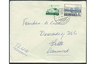 2 kr. Ministeriebygning og 3 kr. Eiriksjökull på luftpostbrev fra Reykjavik d. 20.12.1958 til Holte, Danmark.