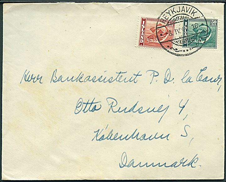 25 aur og 50 aur Torsk på brev fra Reykjavik d. 8.4.1947 til København, Danmark.