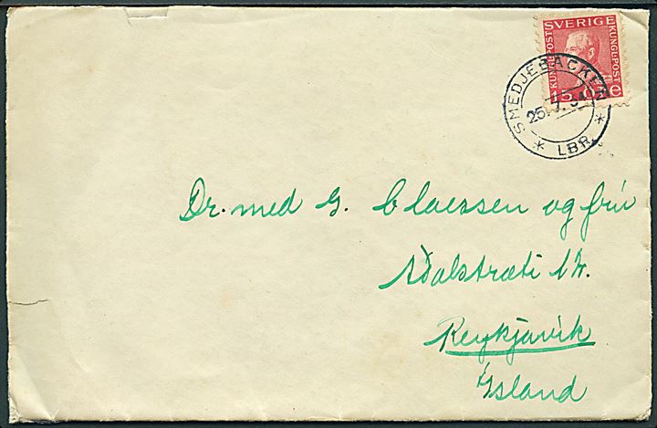 15 öre Gustaf 4-side takket på brev fra Smedjebacken d. 25.7.1934 til Reykjavik, Island.