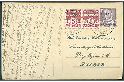 5 øre Bølgelinie i parstykke og 15 øre Fr. IX på brevkort annulleret med pr.-stempel Agger pr. Vestervig d. 5.4.1952 til Reykjavik, Island.