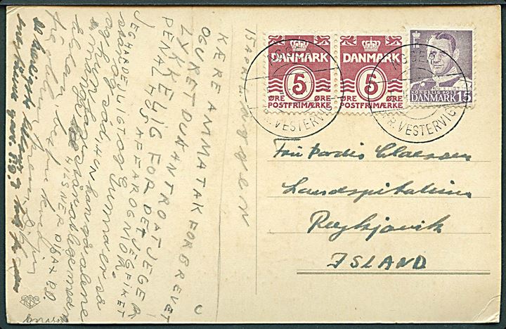 5 øre Bølgelinie i parstykke og 15 øre Fr. IX på brevkort annulleret med pr.-stempel Agger pr. Vestervig d. 5.4.1952 til Reykjavik, Island.