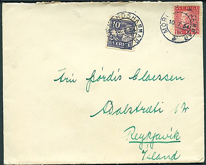 10 öre Løve og 15 öre Gustaf på brev stemplet Morgårdshammar d. 10.7.1934 til Reykjavik, Island.