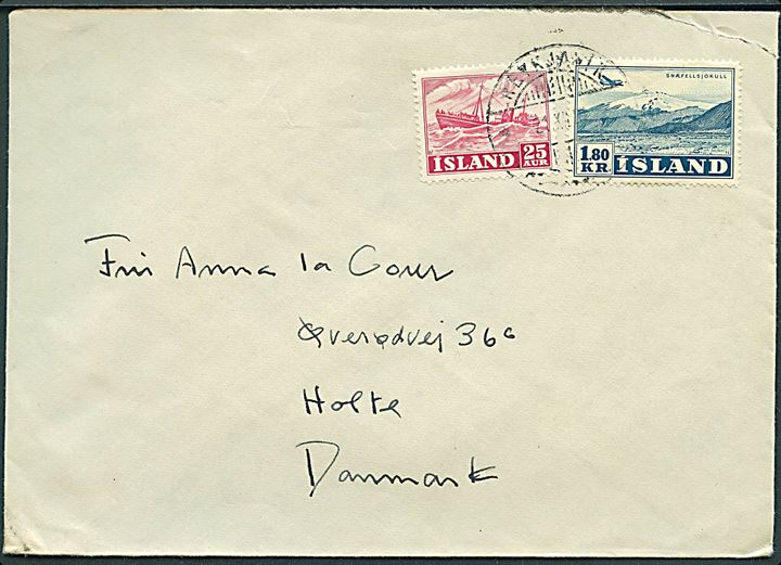25 aur Erhverv og 1,80 kr. Luftpost på brev fra Reykjavik d. 21.12.195x til Holte, Danmark.