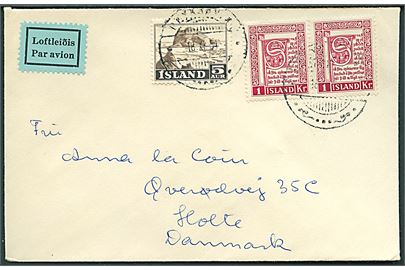 5 aur Erhverv og 1 kr. Håndskrifter (par) på luftpostbrev fra Reykjavik d. 18.11.1954 til Holte, Danmark.