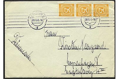 25 pfg. Kontrolrats udg. i 3-stribe på 75 pfg. frankeret brev fra Hamburg d. 9.8.1946 til København, Danmark.