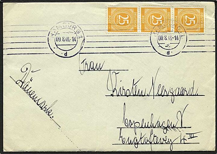 25 pfg. Kontrolrats udg. i 3-stribe på 75 pfg. frankeret brev fra Hamburg d. 9.8.1946 til København, Danmark.