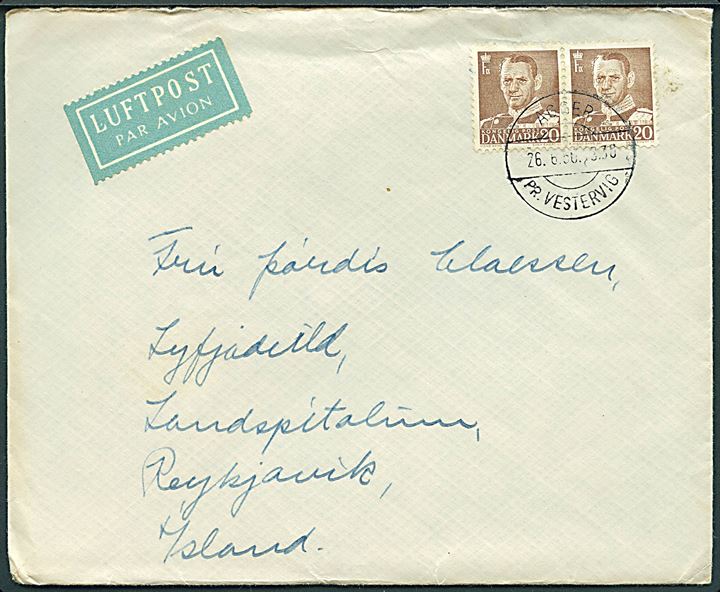 20 øre Fr. IX i parstykke på luftpostbrev annulleret med pr.-stempel Agger pr. Vestervig d. 26.6.1956 til Reykjavik, Island.