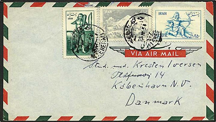 6½ R. blandingsfrankeret luftpostbrev fra Teheran 1954 til København, Danmark.