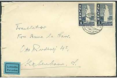 1 kr. Geysir i parstykke på luftpostbrev fra Reykjavik d. 9.x.1945 til København, Danmark.
