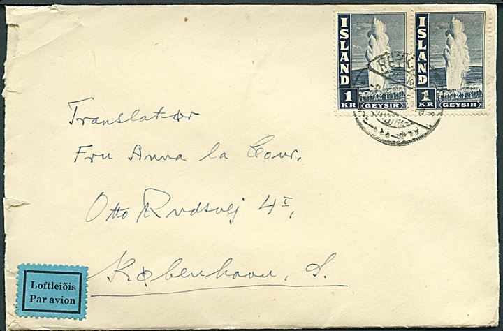 1 kr. Geysir i parstykke på luftpostbrev fra Reykjavik d. 9.x.1945 til København, Danmark.