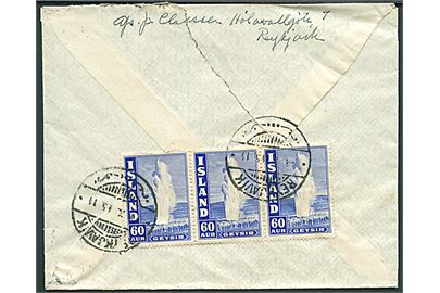 60 aur Geysir i 3-stribe på bagsiden af luftpostbrev fra Reykjavik d. 4.10.1945 til København, Danmark. 