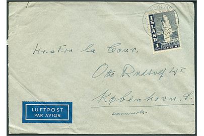 1 kr. Geysir single på luftpostbrev fra Reykjavik 1946 til København, Danmark.