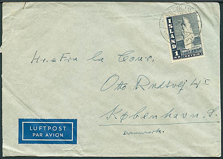 1 kr. Geysir single på luftpostbrev fra Reykjavik 1946 til København, Danmark.