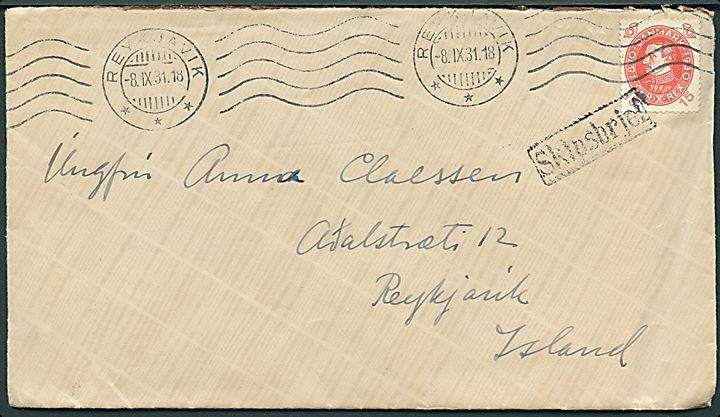 15 øre Chr. X 60 år på brev fra København annulleret med islandsk stempel i Reykjavik d. 8.9.1931 og sidestemplet Skipsbrjef til Reykjavik, Island.