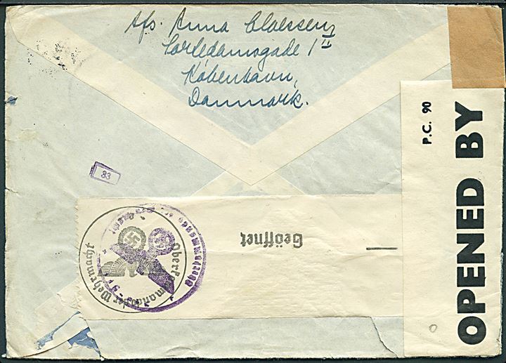 5 øre Bølgelinie og 1 kr. Chr. X på luftpostbrev fra København d. 27.1.1941 til Reykjavik, Island. Påskrevet Isländische Sprache. Åbnet af tysk censur og britisk censur PC90/4268.