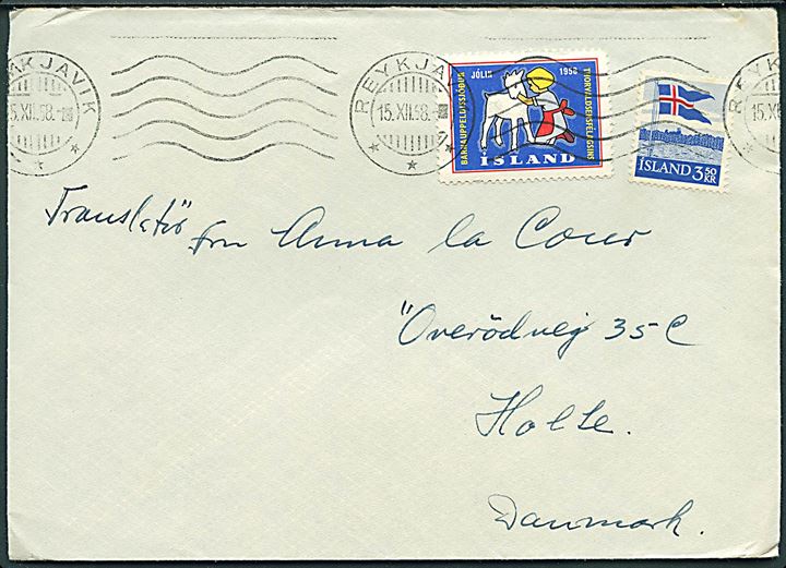 3,50 kr. Flag og Thorvaldsen Forening Julemærke 1958 på brev fra Reykjavik d. 15.12.1958 til Holte, Danmark.