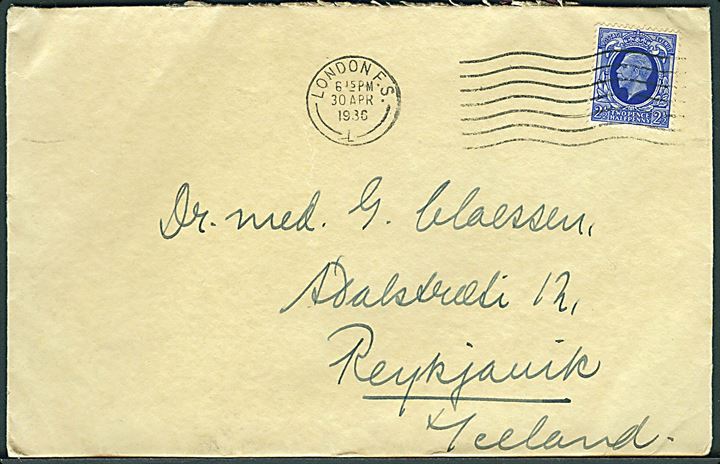 2½d George V på brev fra London d. 30.4.1936 til Reykjavik, Island.