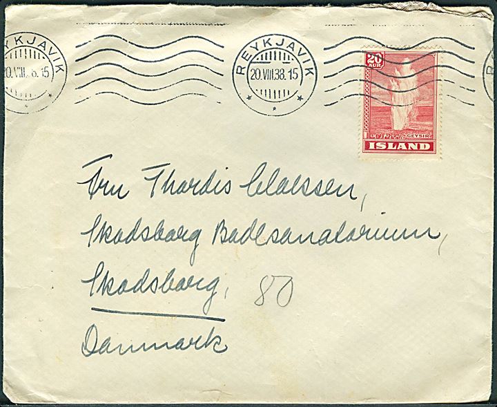 20 aur Geysir på brev fra Reykjavik d. 20.8.1938 til Skodsborg, Danmark.