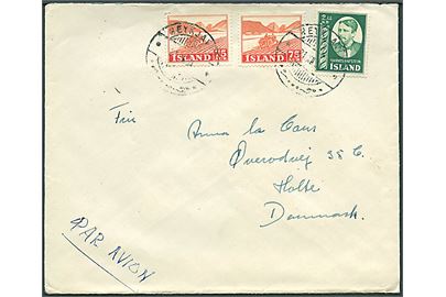 75 aur Erhverv (2) og 2,45 kr. Hannes Hafstein på luftpostbrev fra Reykjavik d. 21.12.1954 til Holte, Danmark. God frankering.