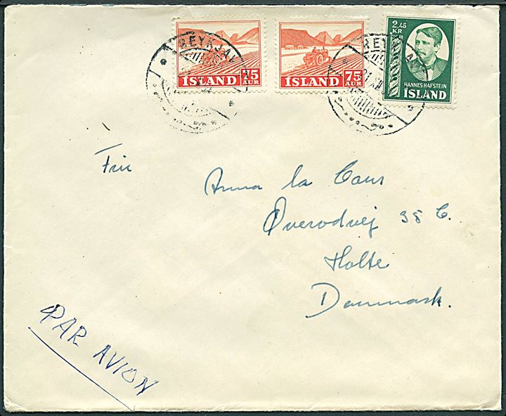75 aur Erhverv (2) og 2,45 kr. Hannes Hafstein på luftpostbrev fra Reykjavik d. 21.12.1954 til Holte, Danmark. God frankering.