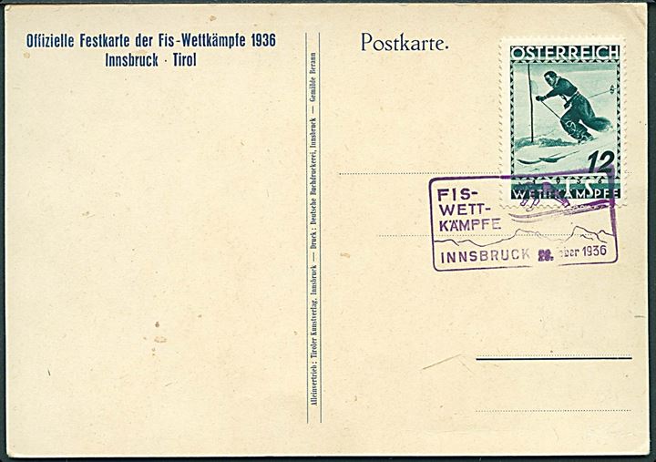 Sport FIS. skimesterskaber i Innsbruck. Tiroler Kunstverlag u/no. Frankeret med 12 g. F.I.S. udgave annulleret med særstempel fra FIS-WettKämpfe i Innsbruck d. 26.2.1936.