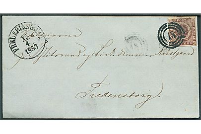 4 R.B.S. Thiele I på brev annulleret med nr.stempel 18 og sidestemplet antiqua Frederiksborg d. 15.4.1853 til Fredensborg.