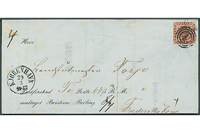 4 sk. 1858 udg. på brev med Postforskud fra Brödrene Berling annulleret med nr.stempel 1 og sidestemplet antiqua Kjøbenhavn d. 29.3.1862 til Frederiksborg.