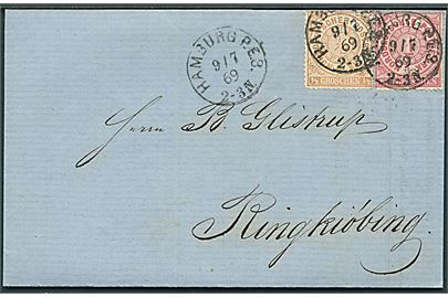 Norddeutscher Postbezirk ½ gr. og 1 gr. på brev fra Hamburg d. 9.7.1869 til Ringkjøbing, Danmark. Særtakst fra Hertugdømmerne til Danmark.