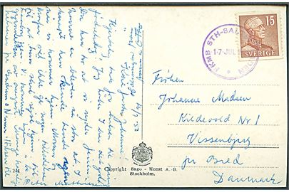 15 öre Gustaf på brevkort annulleret med bureau gummistempel FKMB STH-SALTSJÖBADEN d. 17.7.1950 til Vissenbjerg pr. Bred St., Danmark. Vanskeligt stempel, kun registreret anvendt i 1950.