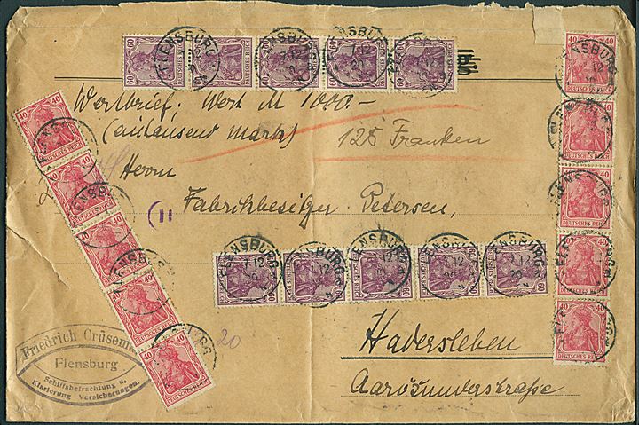 40 pfg. og 60 pfg. Germania på Infla værdibrev fra Flensburg d. 7.12.1920 til Haderslev, Danmark. Del af frankatur dækket af tysk valutakontrol banderole.