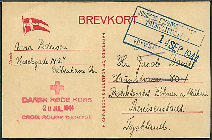 Ufrankeret brevkort fra København d. 5.7.1944 sendt via Dansk Røde Kors d. 20.7.1944 til dansk jøde, Jacob Donde, i KZ-lejr Theresienstadt, Böhmen-Mähren. Violet ank.stempel Jüdische Selbstverwaltung d. 14.9.1944. Jacob Donde var fængsels-betjent og blev arresteret d. 4.10.1943. Hjemkom i 1945 med de Hvide Busser.