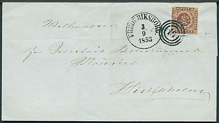 4 R.B.S. Thiele II med fuld rand på brev annulleret med nr.stempel 18 og sidestemplet antiqua Frederiksborg d. 3.9.1853 til Hørsholm.