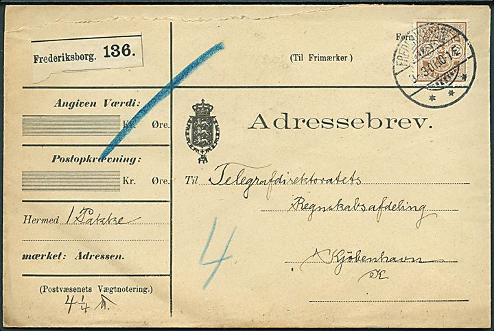 24 øre Våben single på adressebrev for pakke fra Frederiksborg d. 3.3.1901 til Kjøbenhavn.