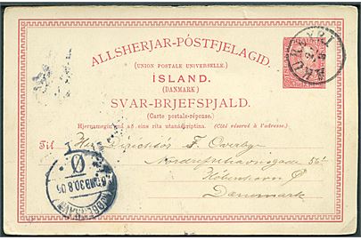 10 aur Chr. IX spørgedel af dobbelt helsagsbrevkort annulleret med antiqua Akureyri d. 21.8.1906 til København, Danmark.