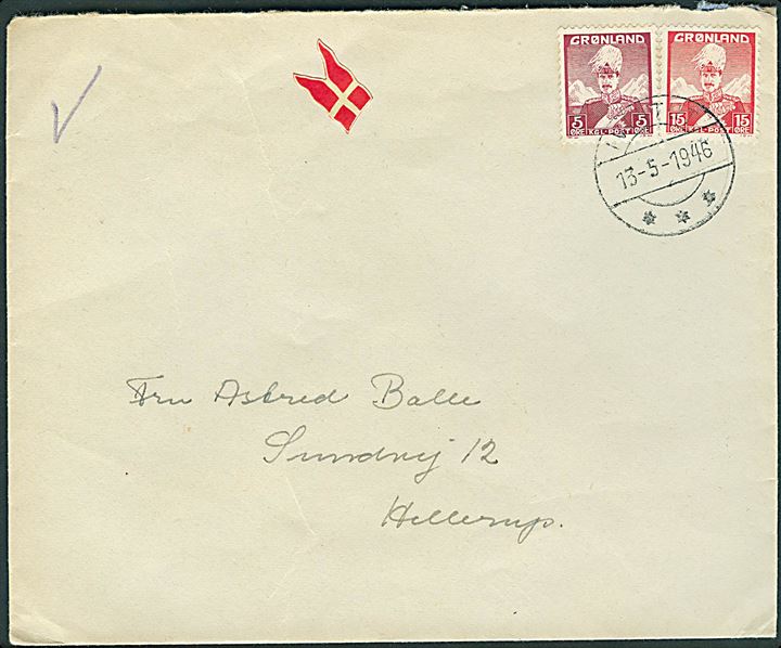 5 øre og 15 øre Chr. X på brev fra Ivigtut d. 13.5.1946 til Hellerup.