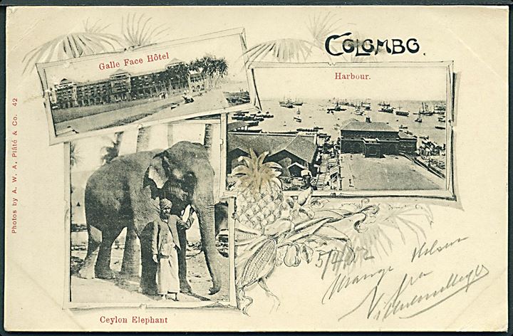 Colombo. Galle Face Hotel, Ceylon Elephant & Harbour. A. W. A. no. 42. (Afrevet mærke). 