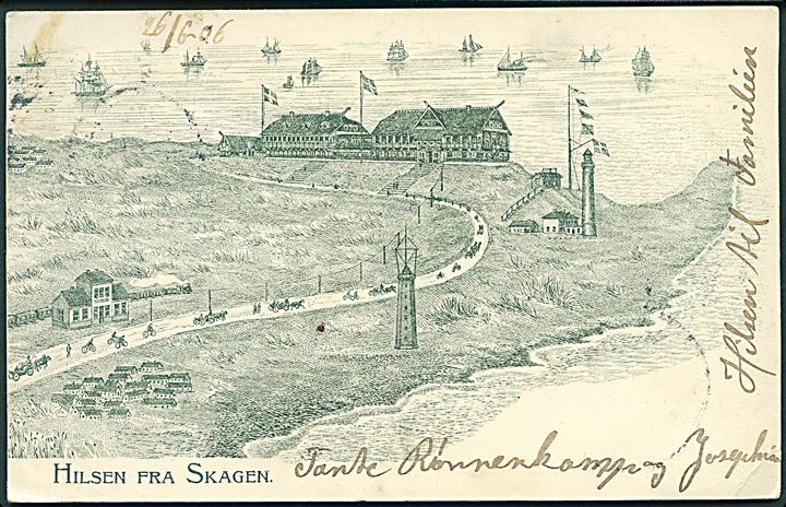 Hilsen fra Skagen med Skagens Badehotel, Tog, Station, Fyrtårn. U/no. 