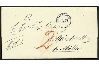 1857. Ufrankeret tjenestebrev med antiqua IIa stempel Oldesloe. d. 17.12.1857 til Steinhorst pr. Mölln. Påskrevet 2 sk. porto.