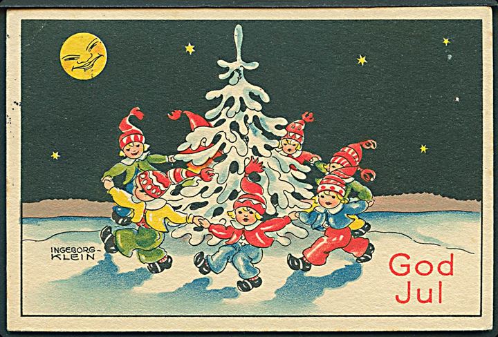 Ingeborg Klein: God Jul. Nisser danser om juletræet. U/no. 10,5 x 7 cm. 