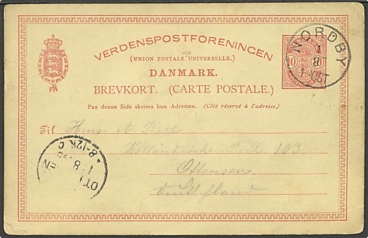 10 øre Våben helsagsbrevkort m. små hjørnetal og tekst i 5 linier, annulleret med lapidar stempel Nordby d. 1.8. 1895 til Ottensen, Tyskland. Sjælden. Attest Nielsen.