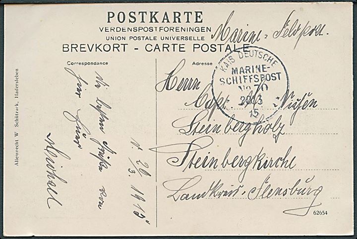 Ufrankeret marine-feltpostkort (Aarösund) stemplet Kais. Deutsche Marineschiffspost No. 70 d. 20.3.1915 til Steinbergholz pr. Flensburg. Stempel anvendt ombord på den lette krydser SMS “Amazone”. 