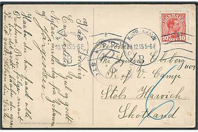 10 øre Chr. X på brevkort fra Kjøbenhavn d. 23.12.1915 til sønderjysk krigsfange, Ludvig Elsberg, PoW Camp Stobs, Scotland. Sort lokalt lejrcensurstempel P.O.W.Camp / P.C. / * Stobs *. Skrevet på dansk. 