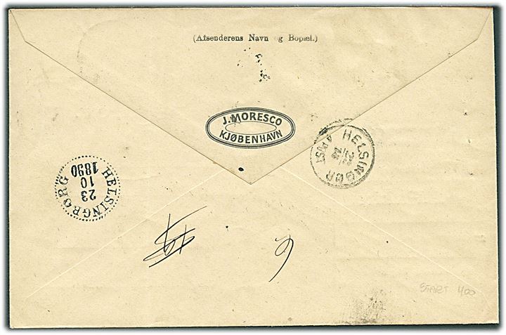 Ufrankeret adressebrev for pakke fra firma J. Moresco med lapidar Kjøbenhavn P P K d. 22.10.1890 via Helsingør og Helsingborg til Eslöf, Sverige. Modtager har betalt porto.