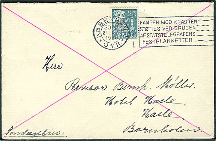 25 øre Karavel blå single på søndagsbrev fra København d. 21.9.1935 til Hasle på Bornholm. Sjælden single frankatur på smukt brev.