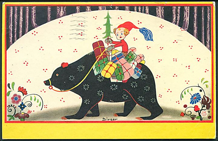 Birger: Nisse med gaver, rider på en bjørn. Æ. u/no. 