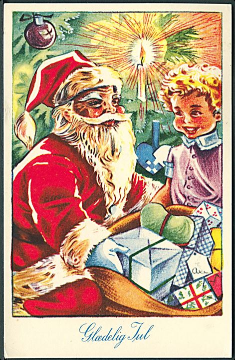 Axe Djervad: Glædelig Jul. Julemanden iført rød kåbe og barn. Rudolf Olsens Kunstforlag u/no. 