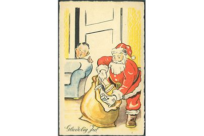 Glædelig Jul. Barn bag døren, kigger på julemanden. Iført rød kåbe. S. P. I., serie 25. 
