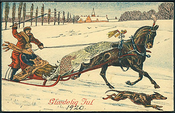 Rasmus Christiansen. Glædelig Jul. Mand og kvinde i kane trukket af hest. Stenders u/no. 