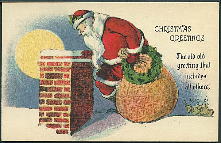 Christmas Greetings. Julemanden iført rød kåbe, kigger ned i skorsten. Series no. 350.