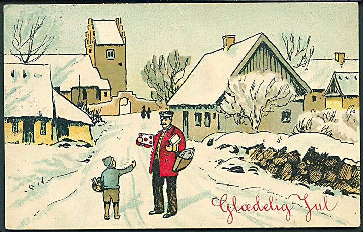 Glædelig Jul. Postbud, dreng og by. Alex Vincents, serie 344/1. Anvendt 24.12.11. 